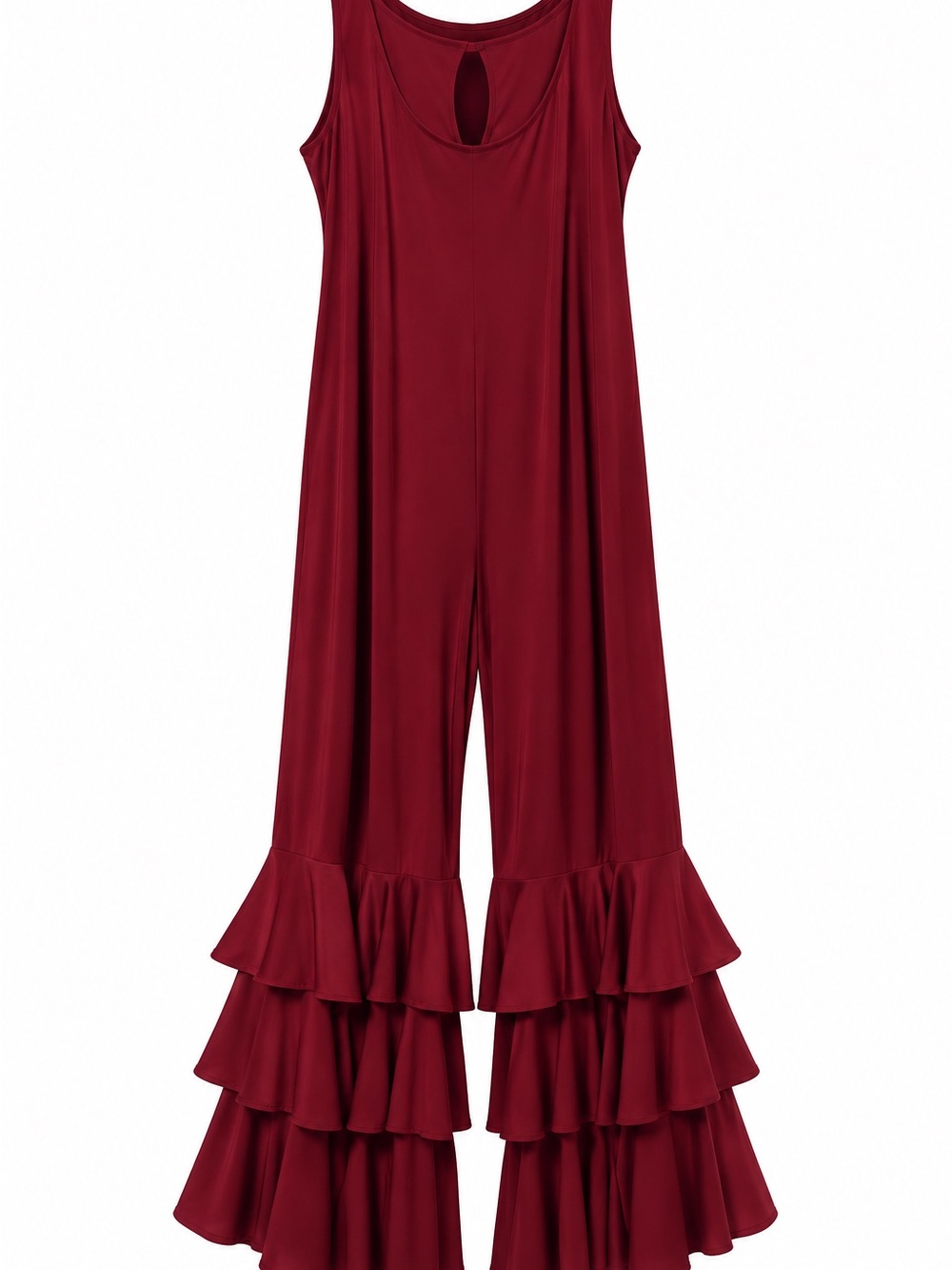 Libian Burgundy Sleeveless Wide-Leg Jumpsuit with Tiered Ruffle Hem